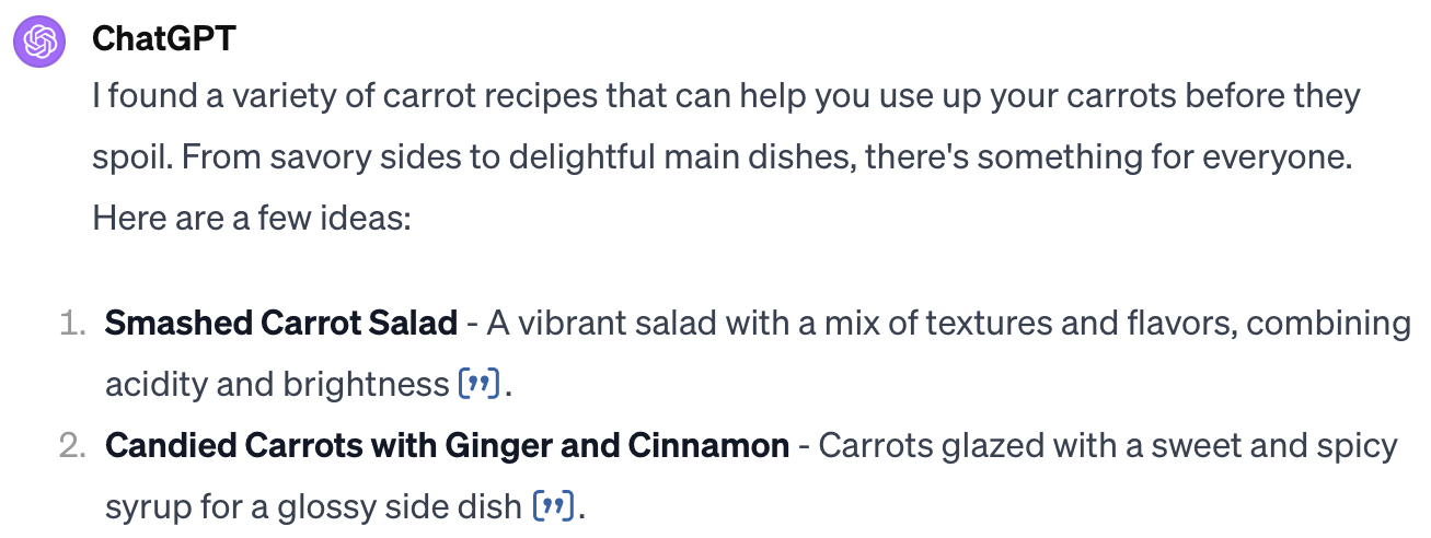 ChatGPT response to request for recipes to use up produce and reduce food waste